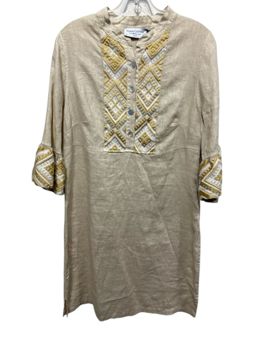 Haris Cotton Size M Tan & Gold Linen Embroidered Geometric Quarter Button Dress Tan & Gold / M