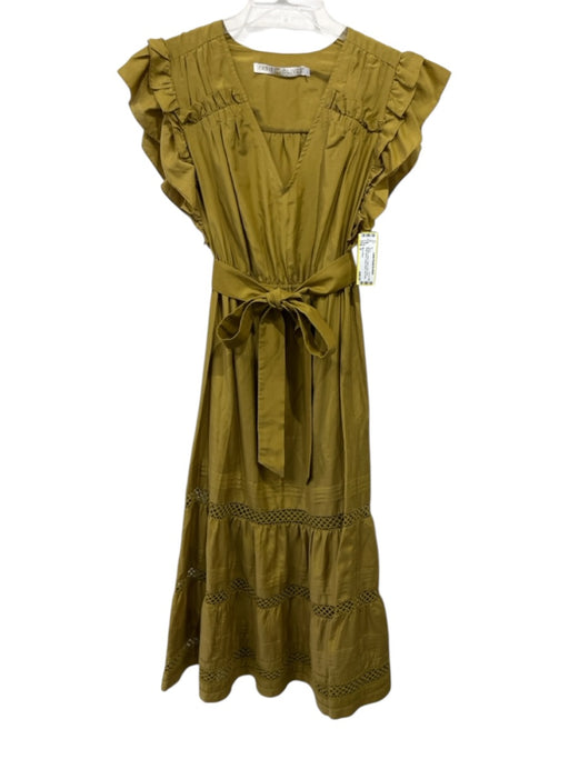 Marie Oliver Size S Mustard Yellow Cotton & Silk Short Ruffle Sleeve Maxi Dress Mustard Yellow / S