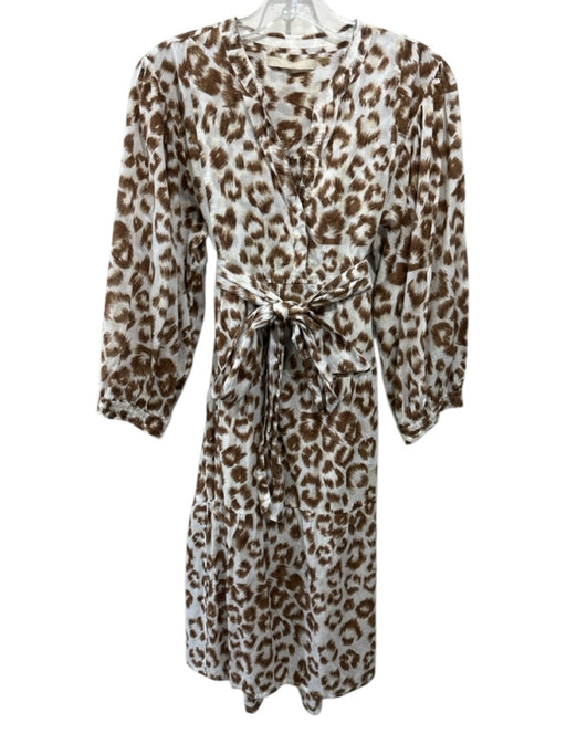 Lola Australia Size Small White & Brown Cotton Long Sleeve V Neck Dress White & Brown / Small