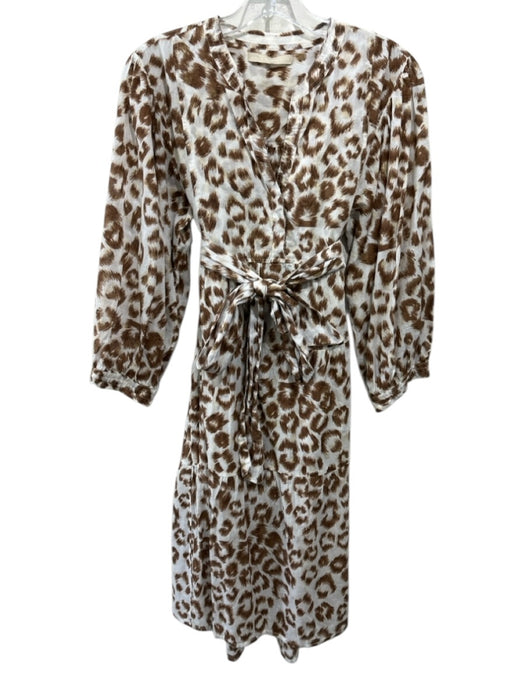 Lola Australia Size Small White & Brown Cotton Long Sleeve V Neck Dress White & Brown / Small