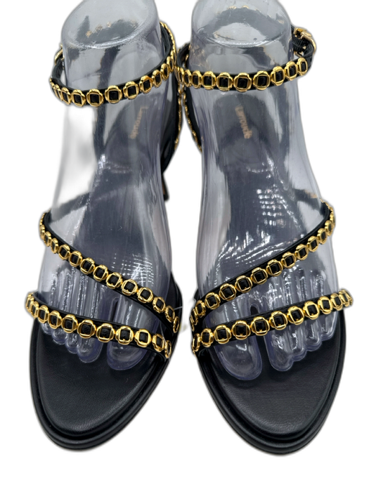 Larroude Shoe Size 8.5 Black & Gold Leather Pointed Rounded Toe Strappy Sandals Black & Gold / 8.5