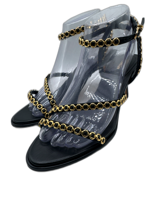 Larroude Shoe Size 8.5 Black & Gold Leather Pointed Rounded Toe Strappy Sandals Black & Gold / 8.5