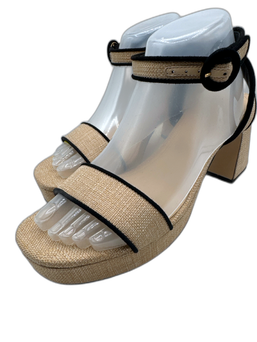 Larroude Shoe Size 8.5 Beige & Black Raffia Square Toe Platform Sandals Beige & Black / 8.5