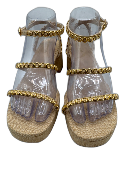 Larroude Shoe Size 8.5 Beige & Gold Raffia Square Toe Platform Sandals Beige & Gold / 8.5