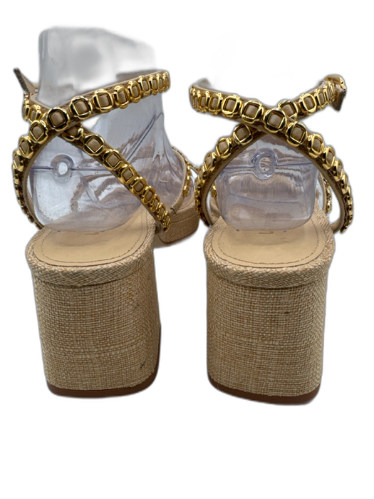 Larroude Shoe Size 8.5 Beige & Gold Raffia Square Toe Platform Sandals Beige & Gold / 8.5