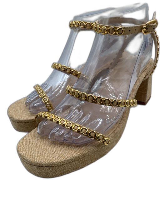 Larroude Shoe Size 8.5 Beige & Gold Raffia Square Toe Platform Sandals Beige & Gold / 8.5