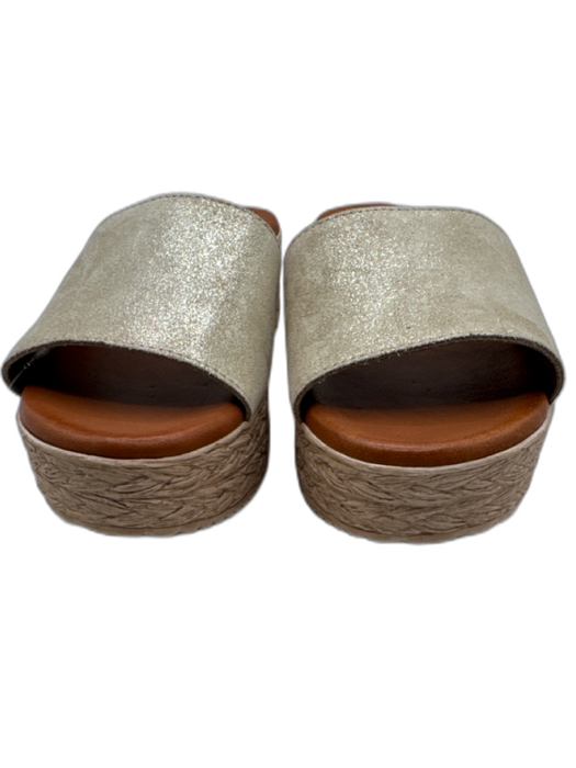 Cordani Shoe Size 39 Gold & Beige Leather Shimmer Raffia Base Platform Sandals Gold & Beige / 39