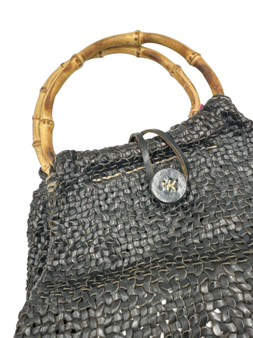 Henry Beguelin Black & Beige Leather Bamboo Handle Woven Toggle Bag Black & Beige / M/L