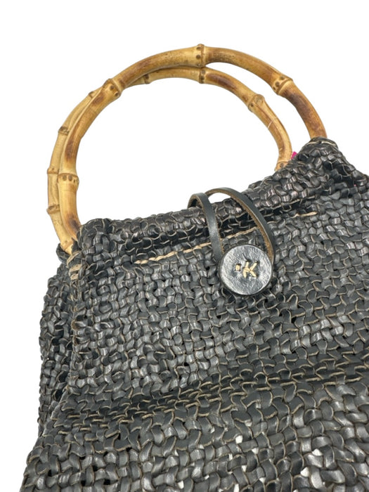 Henry Beguelin Black & Beige Leather Bamboo Handle Woven Toggle Bag Black & Beige / M/L