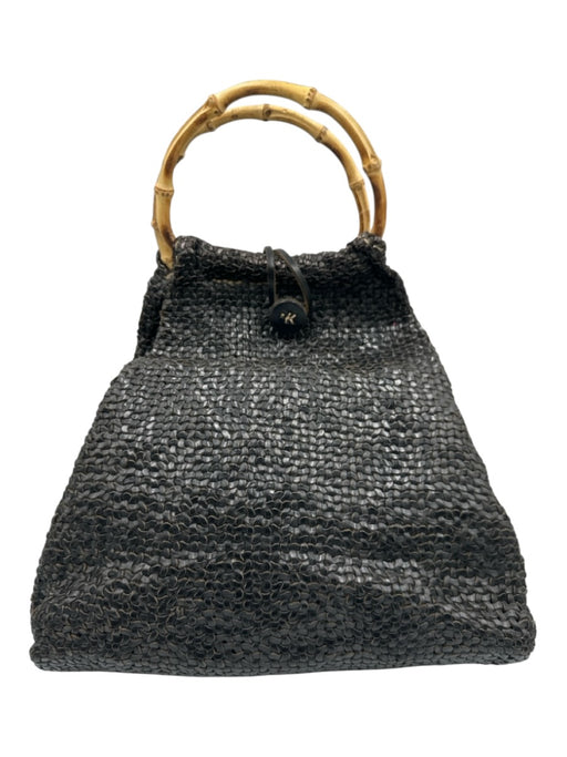 Henry Beguelin Black & Beige Leather Bamboo Handle Woven Toggle Bag Black & Beige / M/L