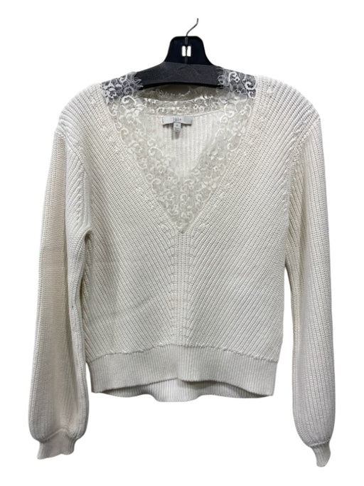 Joie Size XS Cream Cotton Rib Knit Lace Edging V Neck Crop Sweater Cream / XS