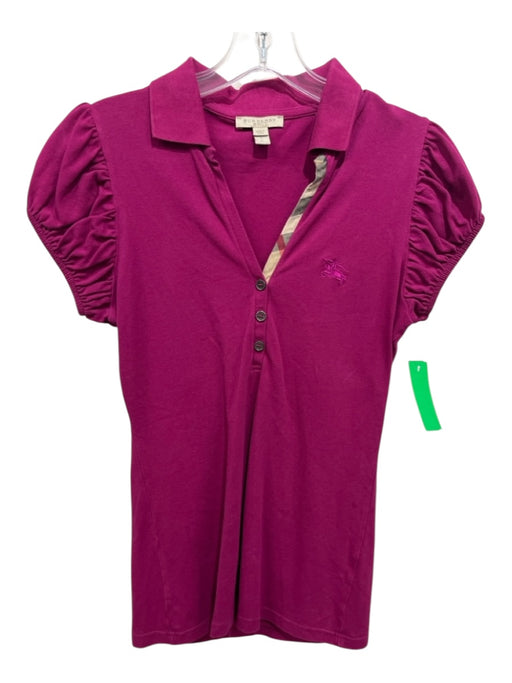 Burberry Brit Size S Fuschia Purple Cotton Quarter Button Cap Sleeve Collar Top Fuschia Purple / S