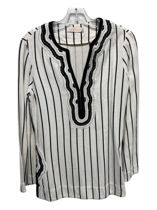 Tory Burch Size 0 White & Black Cotton Long Sleeve Stripe V Neck Tunic Top White & Black / 0