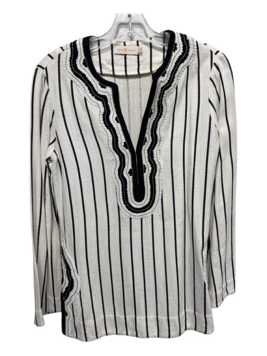 Tory Burch Size 0 White & Black Cotton Long Sleeve Stripe V Neck Tunic Top White & Black / 0