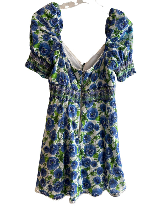 Alice + Olivia Size 4 Blue & Green Cotton V Neck Short Puff Sleeve Floral Dress Blue & Green / 4