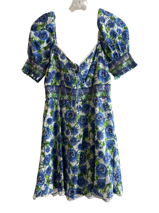 Alice + Olivia Size 4 Blue & Green Cotton V Neck Short Puff Sleeve Floral Dress Blue & Green / 4