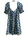Alice + Olivia Size 4 Blue & Green Cotton V Neck Short Puff Sleeve Floral Dress Blue & Green / 4