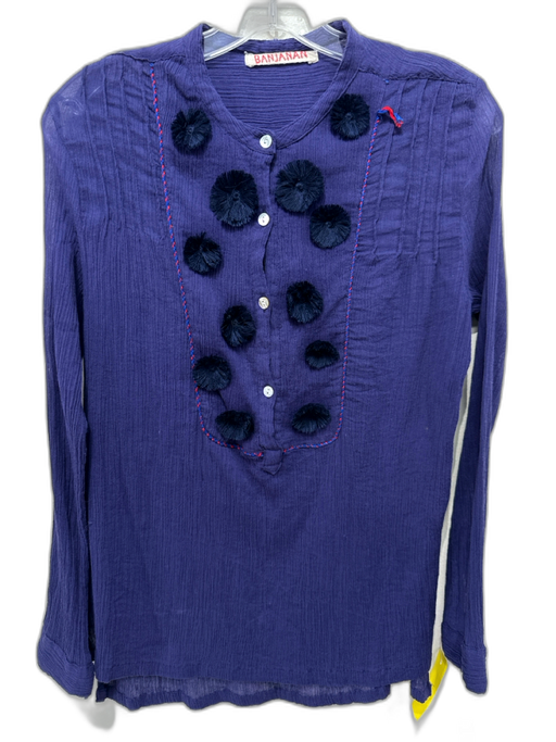 Banjanan Size S Deep Purple Cotton Semi Sheer Pom Pom V Neck Long Sleeve Top Deep Purple / S