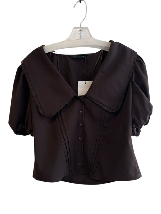 Zara Size S Espresso Brown Polyester Collared Button Down Short Puff Sleeve Top Espresso Brown / S