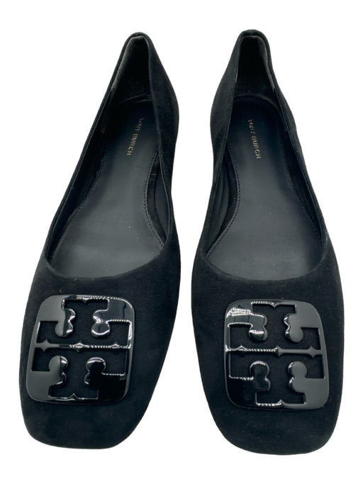 Tory Burch Shoe Size 7.5 Black Suede Metal Logo Square Toe Black Hardware Flats Black / 7.5
