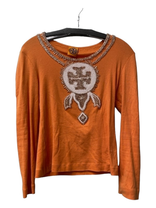 Tory Burch Size Est S Orange Cotton Boat Neck Long Sleeve beaded applique Top Orange / Est S