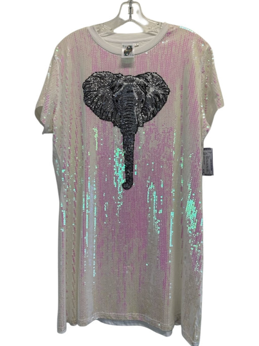 Queen of Sparkles Size L White & Silver Cotton Blend Sequin Elephant Shift Dress White & Silver / L