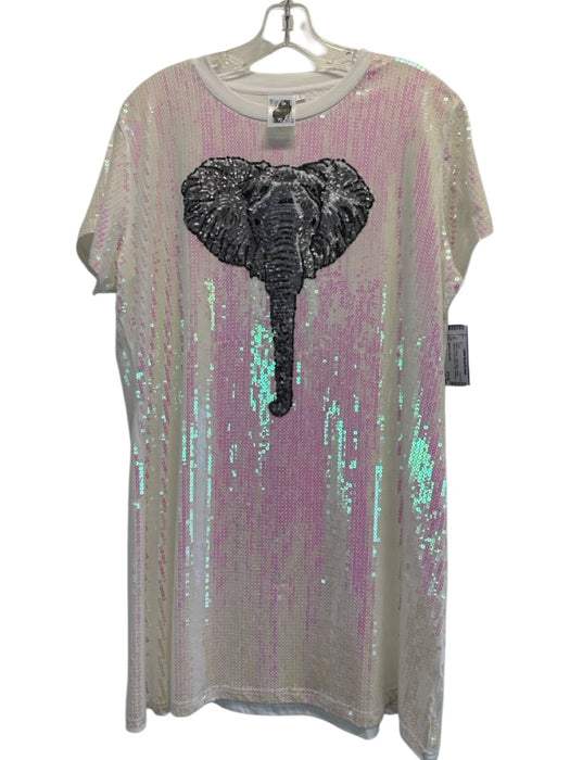 Queen of Sparkles Size L White & Silver Cotton Blend Sequin Elephant Shift Dress White & Silver / L