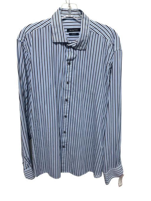 Bugatchi Size L Blue & White Nylon Striped Button Down Men's Long Sleeve Shirt Blue & White / L