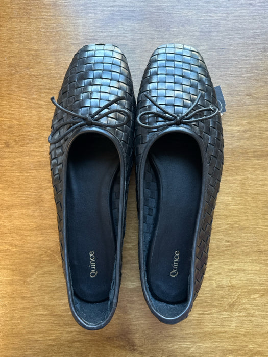 Quince Shoe Size 10 Black Leather Basket Weave Square Toe Bow Flats
