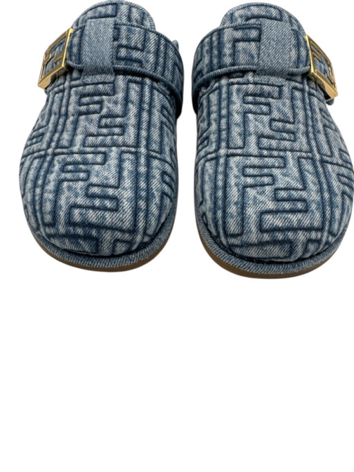 Fendi Shoe Size 38 Blue textile upper Denim Monogram Buckle Mule Flats Blue / 38