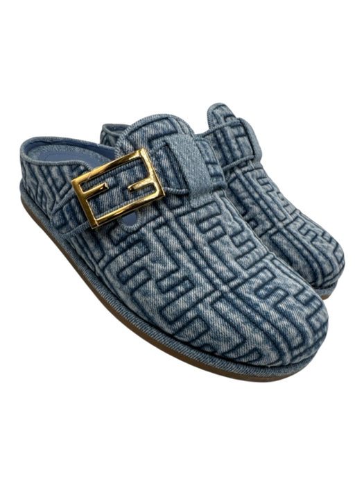 Fendi Shoe Size 38 Blue textile upper Denim Monogram Buckle Mule Flats Blue / 38