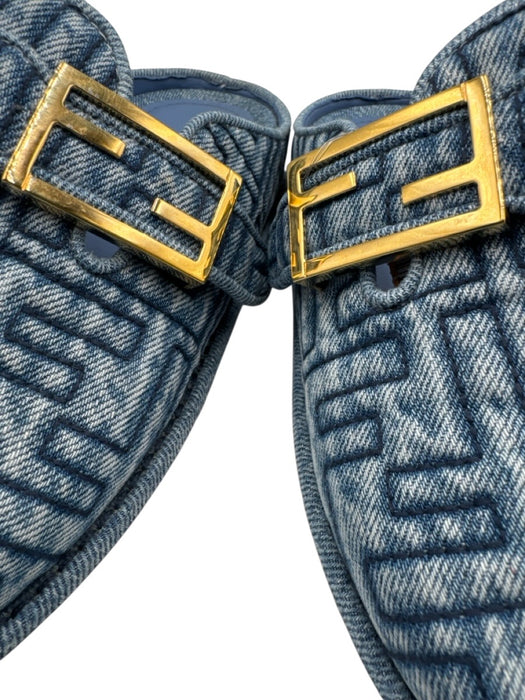 Fendi Shoe Size 38 Blue textile upper Denim Monogram Buckle Mule Flats Blue / 38
