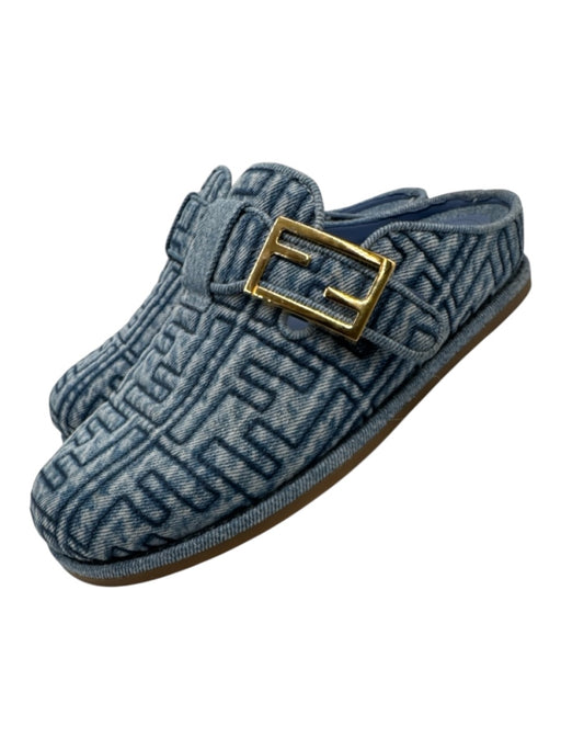 Fendi Shoe Size 38 Blue textile upper Denim Monogram Buckle Mule Flats Blue / 38