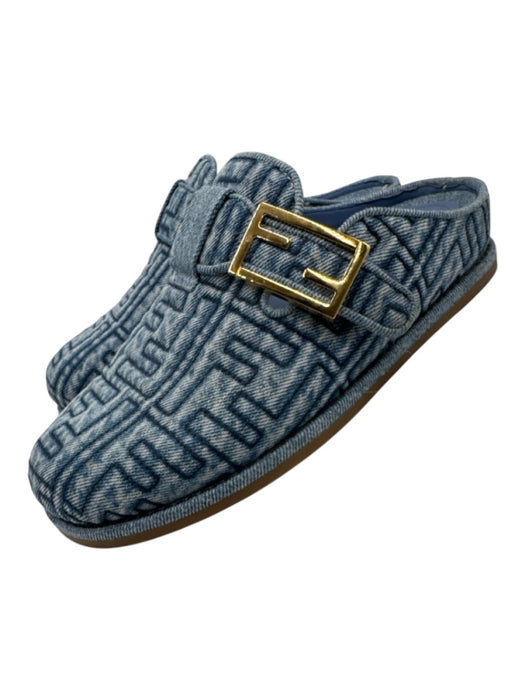 Fendi Shoe Size 38 Blue textile upper Denim Monogram Buckle Mule Flats Blue / 38