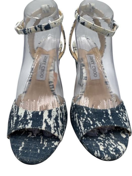 Jimmy Choo Shoe Size 39.5 Blue & Cream textile upper Denim Ankle Strap Sandals Blue & Cream / 39.5
