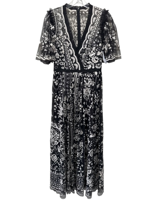 Needle & Thread Size 2 Black & White Polyester Floral Embroidered V Neck Dress Black & White / 2