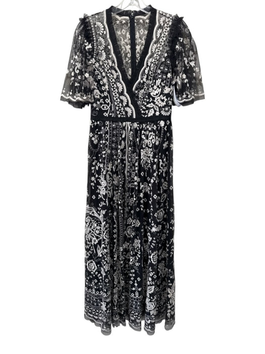 Needle & Thread Size 2 Black & White Polyester Floral Embroidered V Neck Dress Black & White / 2