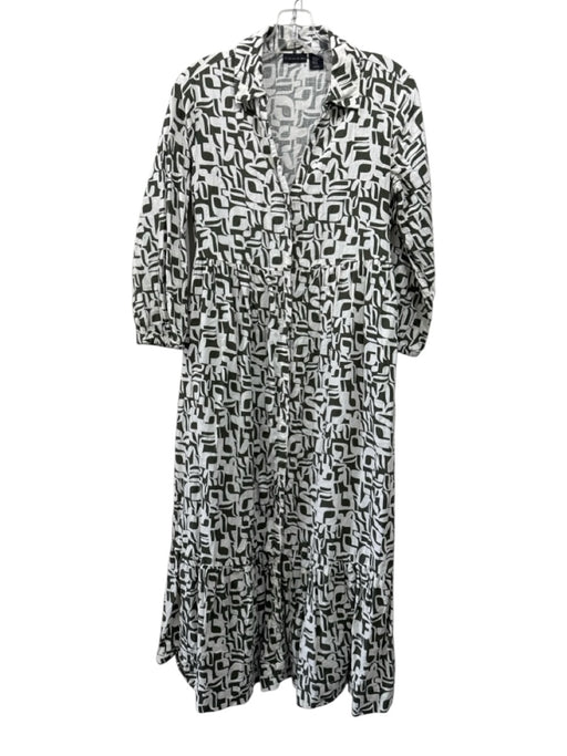 Tahari Size XS White & Green Linen & Rayon Button Up Abstract Print Collar Dress White & Green / XS