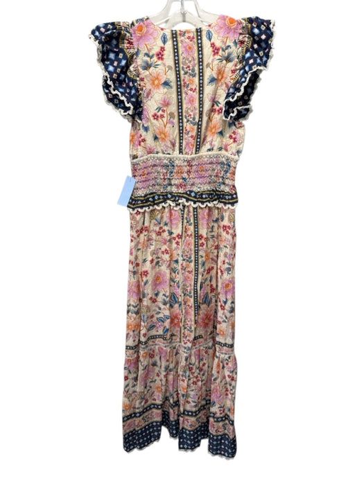 Farm Rio Size S Beige, Pink, Blue Cotton flocked dot Floral Drawstring Dress Beige, Pink, Blue / S