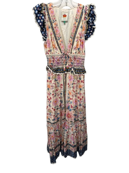 Farm Rio Size S Beige, Pink, Blue Cotton flocked dot Floral Drawstring Dress Beige, Pink, Blue / S