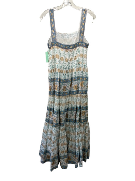 Oliphant Size XS White, Green & Blue Cotton Sleeveless Floral Gold Pattern Dress White, Green & Blue / XS