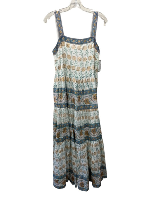 Oliphant Size XS White, Green & Blue Cotton Sleeveless Floral Gold Pattern Dress White, Green & Blue / XS