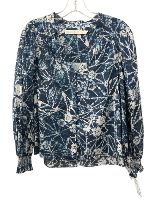 Marie Oliver Size XXS Navy, Blue & White Cotton Long Balloon Sleeve V Neck Top Navy, Blue & White / XXS