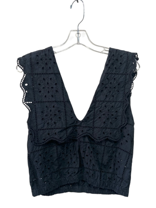 Ganni Size 36 Black Cotton Sleeveless Double V Neck eyelet Elastic Waist Top Black / 36