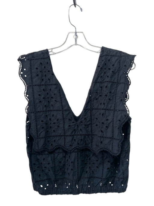 Ganni Size 36 Black Cotton Sleeveless Double V Neck eyelet Elastic Waist Top Black / 36