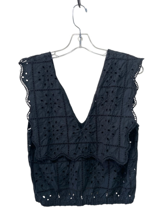 Ganni Size 36 Black Cotton Sleeveless Double V Neck eyelet Elastic Waist Top Black / 36