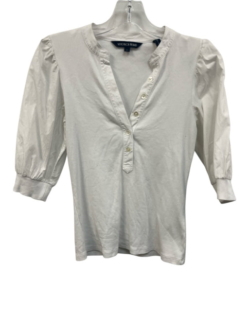 Veronica Beard Size XS White Cotton Short Puff Sleeve Rib Knit 1/2 Button Top White / XS