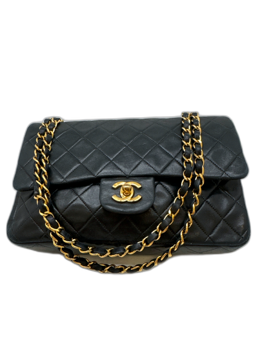 Chanel Black Lambskin Leather Quilted Turn Lock Double Flap Bag Black / S