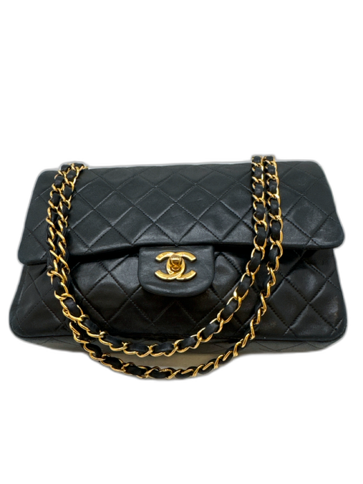 Chanel Black Lambskin Leather Quilted Turn Lock Double Flap Bag Black / S