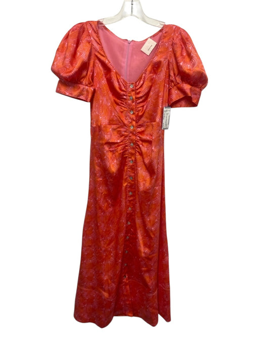 Cinq a Sept Size Est Small Pink & Orange Polyester Short Puff Sleeve Midi Dress Pink & Orange / Est Small